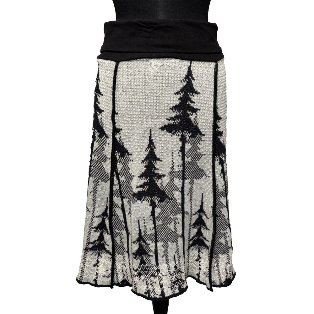 NEW Green 3 Snowy Trees 4 Panel A Line Skirt Sz Med Gray Black High Rise Holiday